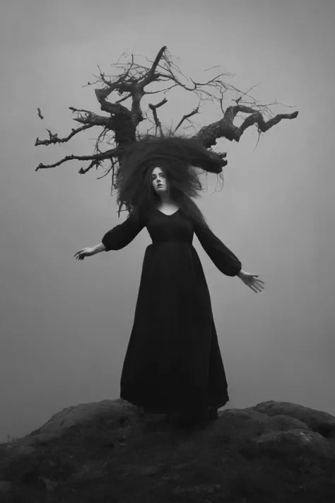 <lora:Photographer Maren Klemp Style:1>Photographer Maren Klemp Style - a woman standing on top of a hill with a tree in her hair