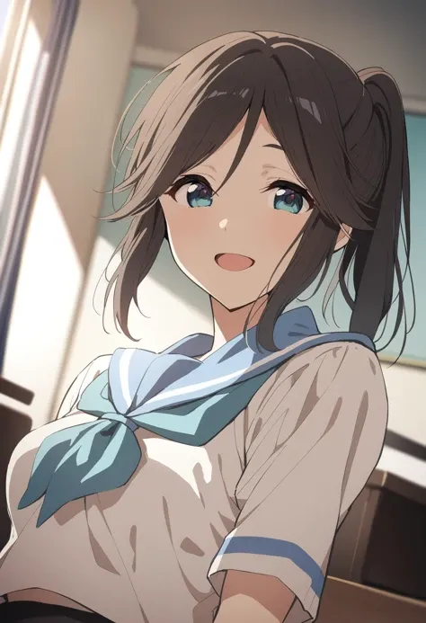 1girl,<lora:nozomi_xl_animagine_8dim:0.9>,kasaki nozomi,upper body,class room,dutch angle,smile,open mouth,
rating: general,
masterpiece,best quality,