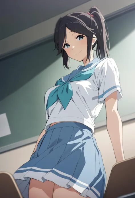 masterpiece, Best Quality,Illustration, Wallpaper, Ultra Detail, 1girl in,Solo,Beautiful detailed eyes,Very thick contour lines、Medium Short-Cut Hair、Short, Braided hair、(student clothes)、Dark hair color、cute smile、Overlooking angle:1.2、small head、ample breasts