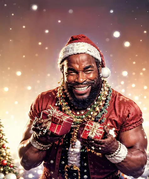 RAW wide-angle photo of an man, dark skin, facial hair, beard, black hair, manly, bracelet, excited, (((wearing a santa hat))), (smiling at viewer :1.5) (receiving a gift:1.7), Christmas tree behind him <lora:MrTLora:.9> <lora:quiron_Chritsmas_v1_lora:.8>