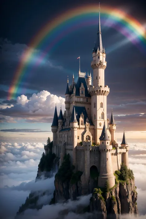 A majestic castle floating in the clouds, surrounded by vibrant rainbows.