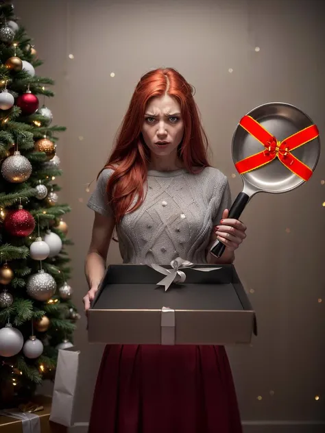 RAW photo, (angry:1.3) woman, redhead long straight hair, christmas dress, (holding a gift-wrapped gray frying pan:1.2), (complex christmas room background:1.2), light key , 8k uhd, dslr, soft lighting, high quality, film grain, Fujifilm XT3, (intricate details:0.9), (hdr, hyperdetailed:1.2)