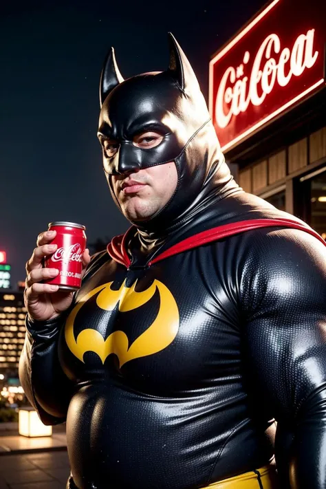 hyperrealism, (photorealistic:1.2), (film grain:1.3), masterpiece, best quality, perfect detail, cinematic lighting, professional photo, realistic photo, raw photo, Marvel style, obese Batman in a bat suit, fat Batman, with a can Coca-Cola, against the background of fast food, McDonald's