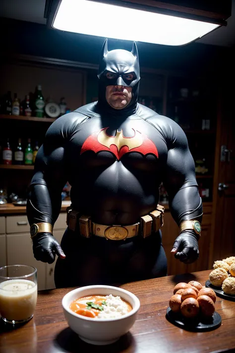 Batman man in bat suit,drinking cocacola, worn bat mask, city night with a skyline in background, key light, front lighting, alex ross style, art of alex ross, aquaman, <lora:weight_slider_v1:4>, <lora:muscle_slider_v1:0>, Wide angle, chaotic cabin in background. vibrant, photorealistic, realistic, dramatic, dark, sharp focus, 8k., high quality photography, 3 point lighting, flash with softbox, 4k, Canon EOS R3, hdr, smooth, sharp focus, high resolution, award winning photo, 80mm, f2.8, bokeh