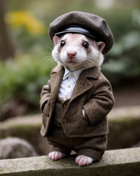 A charming photo of a small anthropomorphic ferret. He is wearing a newsboy cap and has a very long torso
masterpiece, ultra-quality, hyperrealistic, RAW photo, highly detailed, 4k, medium shot, cinematic photography, natural texture, action shot, XF IQ4, 150MP, 50mm, ISO 1000, 1/250s, natural light