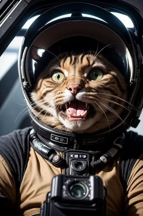 A cat in a spacesuit taken inside the cockpit of a stealth fighter jet. (smiling:0.9)