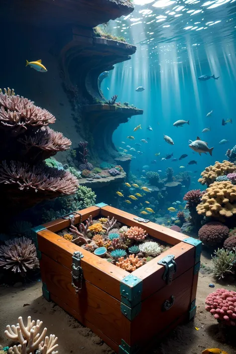 A photo of a secret underwater world teeming with colorful coral reefs, iridescent fish, and hidden treasure chests.
abandoned wooden chest