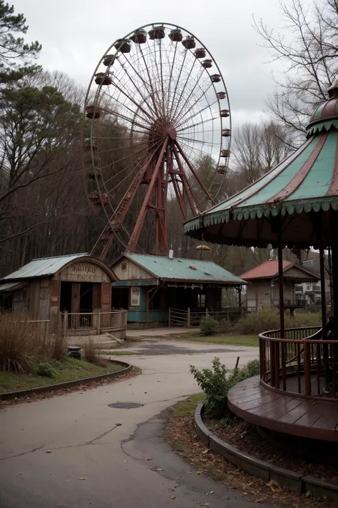 An abandoned amusement park reclaimed by nature, with rusted roller coasters and a carousel frozen in time.
blurry