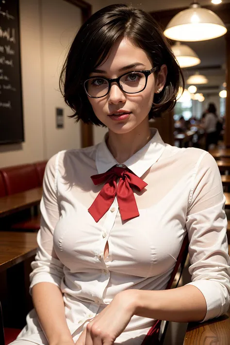 A photo of a young, nerdy woman sitting in a caf, wearing a white shirt and a bow, surrounded by a cozy atmosphere, looking at the viewer.
short hair, slender, red lips, transparent fabric, flirting with the camera