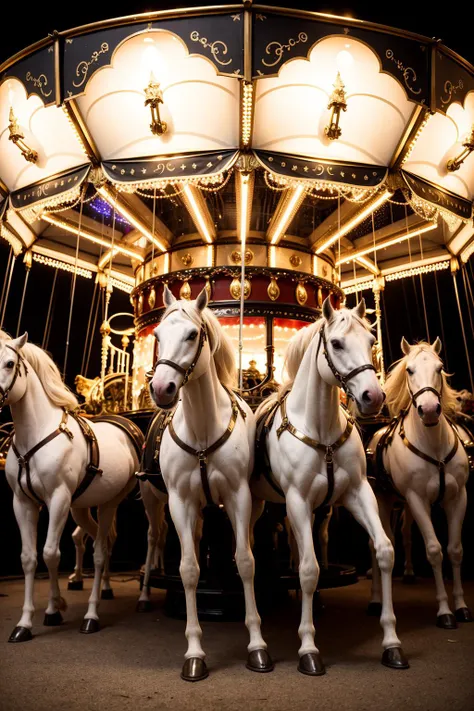 A photo of a whimsical carnival of twinkling lights with a carousel of horses that come to life.