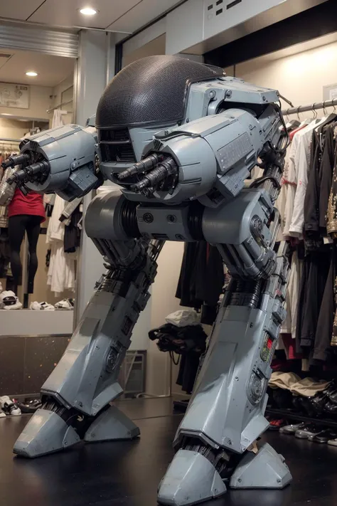 Photo of the ED-209 robot browsing through racks of fashionable attire in a trendy clothing store.
(reflective metal:1.2), intricate robot, metalic helmet.
<lora:ed209:0.8>