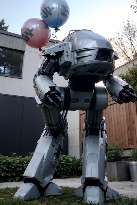 Photo of the ED-209 robot standing guard over a birthday party in the backyard.
(reflective metal:1.2), intricate robot, metalic helmet, (baloons:1.4).
<lora:ed209:0.8>