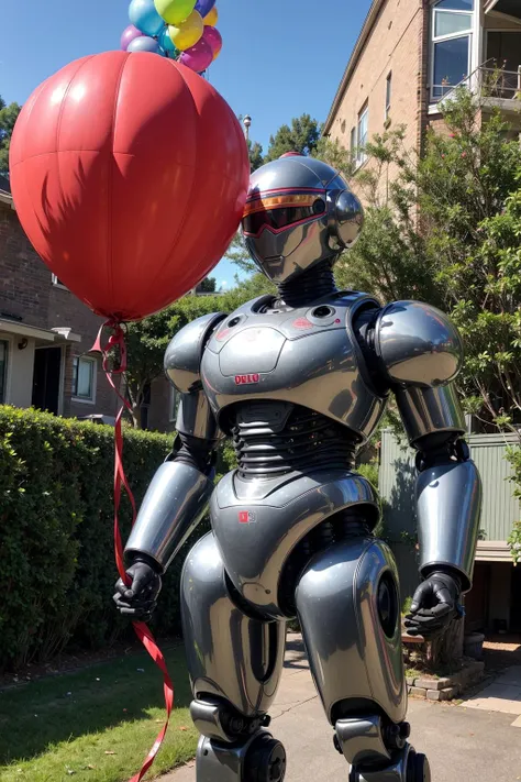 Photo of a heavy robot standing guard over a birthday party in the backyard.
(reflective metal:1.2), intricate robot, metalic helmet, (baloons:1.4).
