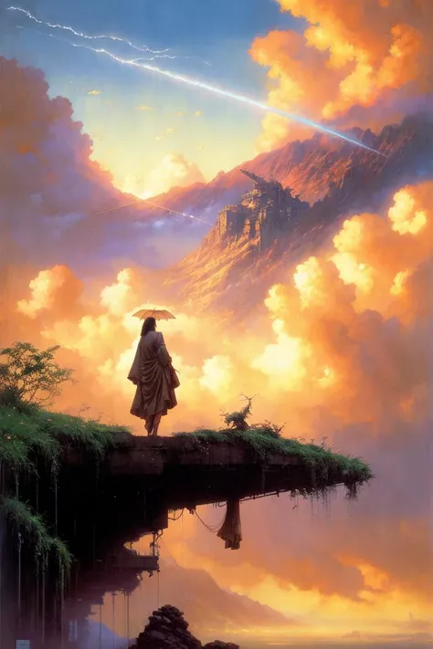 Monsoon, Miyazaki, ghibli, Moebius, craig mullins, Louis Royo, bright shimmering summer colors, hyperrealistic oil painting, A ray of sunshine breaks through the clouds, cumulonimbus