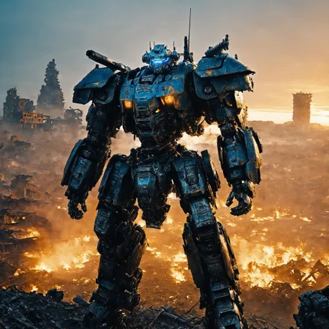 Photographic depiction of Reinhardt, the legendary war robot, captured with a 50mm lens in a semi-realistic style. Amidst the post-apocalyptic city ruins, his battle-worn armor and piercing blue-green eyes are highlighted. The sunset paints the sky with vivid oranges and purples, setting the stage for a dramatic clash with colossal war mechs. The lens choice adds depth and detail to the image. --s 1000
 <lora:DigiArt:0.8> <lora:JuggerCineXL2:0.8> Movie Still, Film Still, Cinematic, Cinematic Shot, Cinematic Lighting
