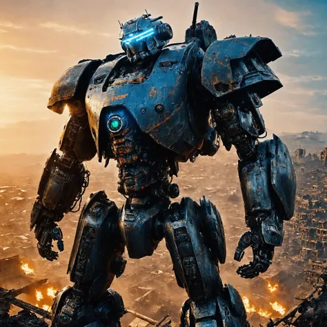 Photographic depiction of Reinhardt, the legendary war robot, captured with a 50mm lens in a semi-realistic style. Amidst the post-apocalyptic city ruins, his battle-worn armor and piercing blue-green eyes are highlighted. The sunset paints the sky with vivid oranges and purples, setting the stage for a dramatic clash with colossal war mechs. The lens choice adds depth and detail to the image. --s 1000
<lora:DigiArt:0.8> <lora:JuggerCineXL2:0.8> Movie Still, Film Still, Cinematic, Cinematic Shot, Cinematic Lighting