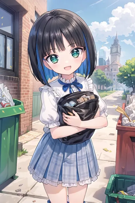 masterpiece,best quality,(extremely detailed eyes:1.1),intricate details,colorful,port city,sky,
1girl,smile,(:d:1.2),open mouth,looking at viewer,cowboy shot,(object hug, trash bag:1.2),
<lora:eines_20240101_2:0.8>,eines,green eyes,bob cut,short hair,white shirt,blue ribbon,grey skirt,boots,socks,frills