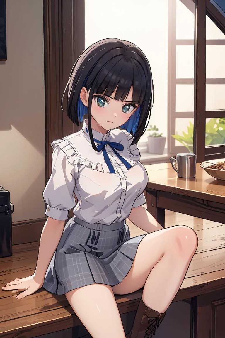 (masterpiece, best quality), 1girl, <lora:eines_20240212_2:0.8> eines, white shirt, blue ribbon, grey skirt, boots, socks, frills, eines,