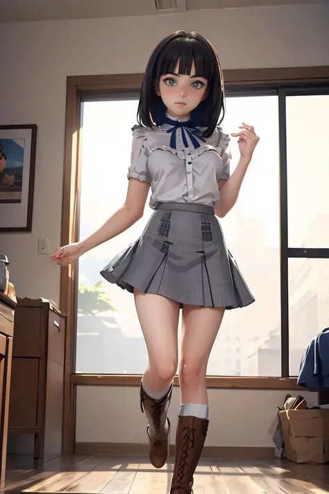 (masterpiece, best quality), 1girl,   <lora:eines_20240212_2:0.8> eines, white shirt, blue ribbon, grey skirt, boots, socks, frills, eines,