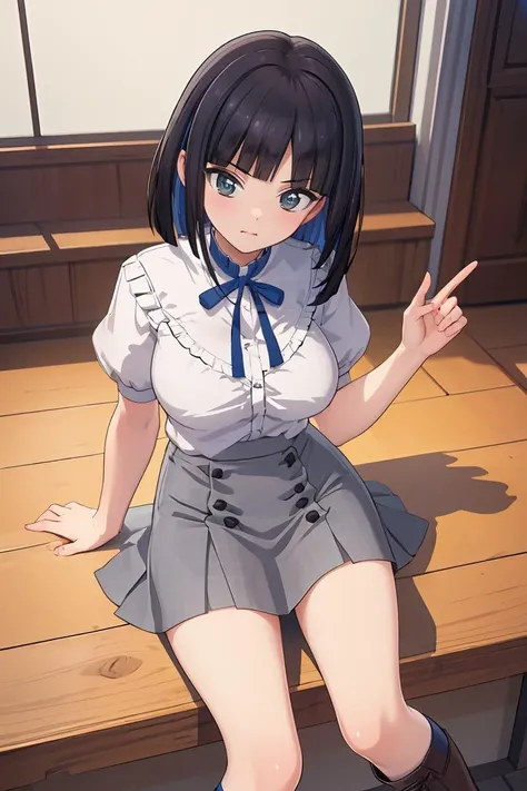 (masterpiece, best quality), 1girl, <lora:eines_20240212_2:0.8> eines, white shirt, blue ribbon, grey skirt, boots, socks, frills, eines,