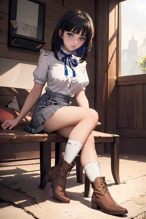 (masterpiece, best quality), 1girl, <lora:eines_20240212_2:0.8> eines, white shirt, blue ribbon, grey skirt, boots, socks, frills, eines,