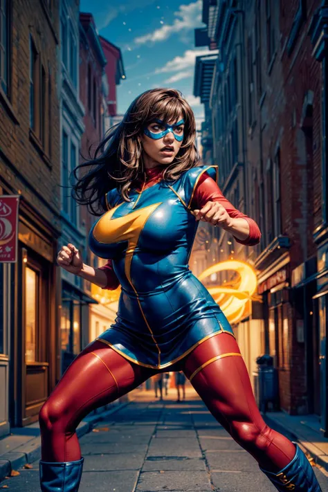 Super Heroine、Beautiful woman、Orange and blue leotard suit、latex、、Symbol mark on chest、Big Breasts、Glamorous Body、A splendid appearance、City in Ruins、High definition、high resolution、Silver、Black and red、Plastic-like luster、Blonde Hair、Dusk、Wavy long hair、Gloves、boots、American、
