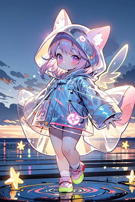 1girl,raincoat,pop style,glowing,purple,purple glowing,solo,looking at viewer,bangs,animal ears,closed mouth,flying in sky,full body,pink hair,outdoors,sky,socks,pink eyes,water,flying,
<lora:GlowingPP:0.7>,