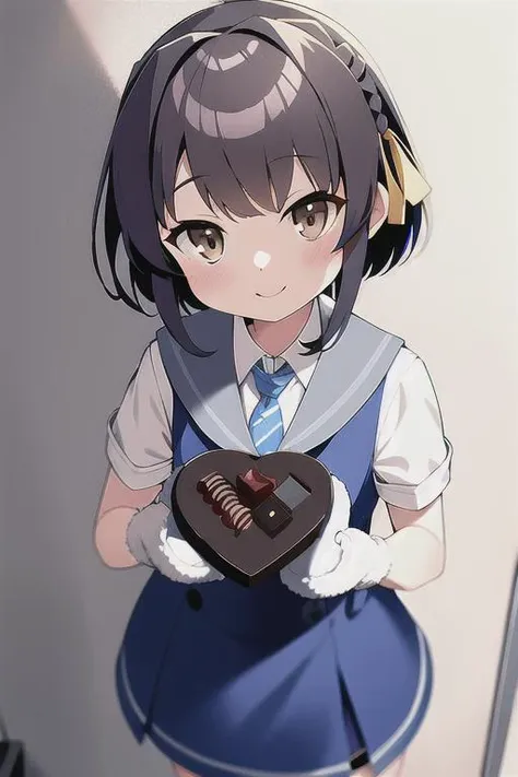 (masterpiece, best quality) 1girl, ukuru \(kancolle\), solo, cowboy shot,flat chest, grey sailor collar, blue dress, dress, brown eyes, short hair, braid, diagonal-striped necktie, white shirt,blue necktie, standing, indoors, smile, (box of chocolates), holding, mittens,