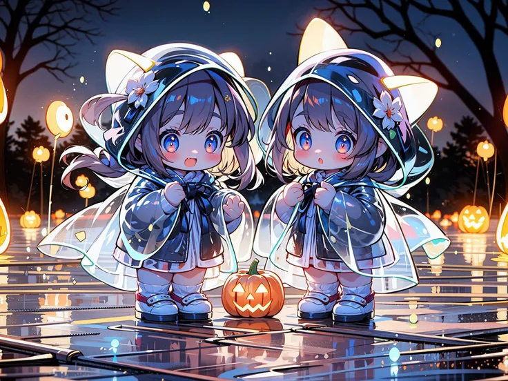 masterpiece,best quality,4k,
3girls,multiple girls,raincoat,pop style,glowing,colorful,looking at viewer,halloween,pumpkin,blush,long hair,bangs,brown hair,outdoors,shoes,blurry,tree,see-through,night,blurry background,
<lora:GlowingPP:0.7>,