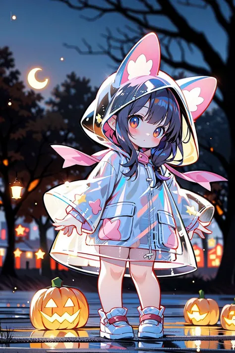 masterpiece,best quality,4k,
1girl,raincoat,pop style,glowing,solo,looking at viewer,halloween,pumpkin,blush,long hair,bangs,brown hair,animal ears,brown eyes,standing,outdoors,shoes,blurry,tree,see-through,night,blurry background,animal hood,
<lora:GlowingPP:0.7>,