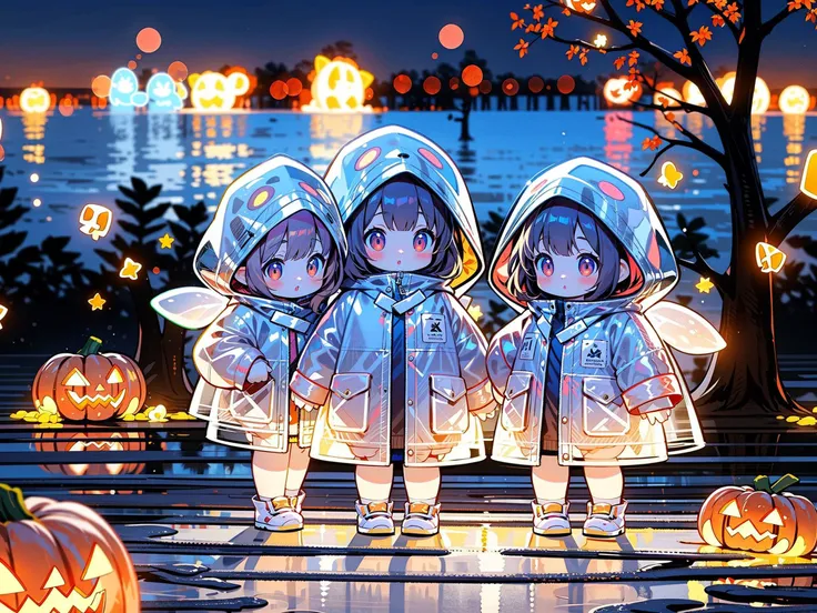 masterpiece,best quality,4k,
3girls,multiple girls,raincoat,pop style,glowing,colorful,looking at viewer,halloween,pumpkin,blush,long hair,bangs,brown hair,animal ears,brown eyes,standing,outdoors,shoes,blurry,tree,see-through,night,blurry background,animal hood,
<lora:GlowingPP:0.7>,