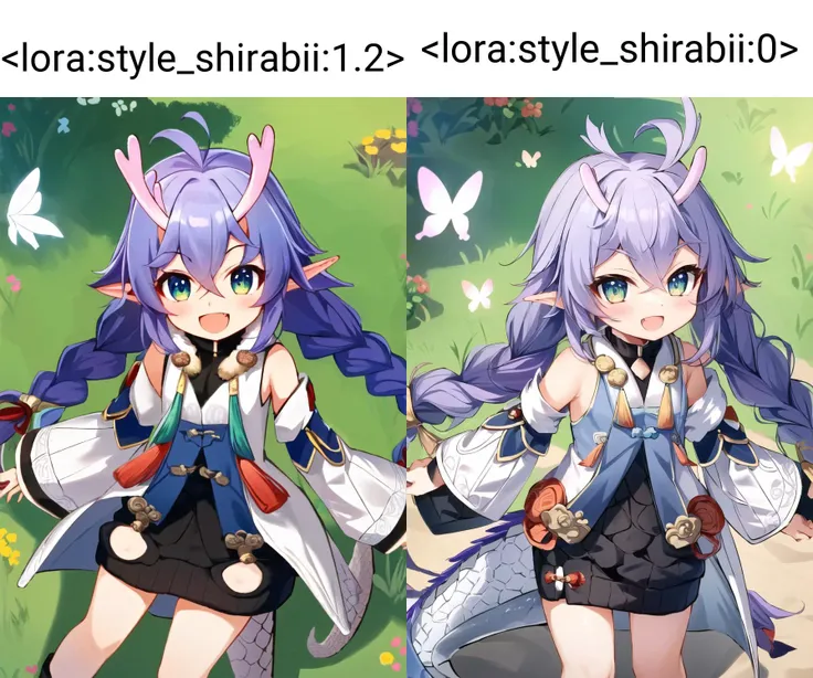 (small girl:1.1), solo, smile, :d, smug,
smile, (from above:1.2)
bailu,twin braids, (dragon tail:1.0), detached sleeves fur trim chinese clothes yellow tassel, dragon horns,
outdoor, rural style, <lora:bailuHonkaiStarRail0:1> <lora:add_detail:0.2>
butterflies, birds,
<lora:style_shirabii:1.2>