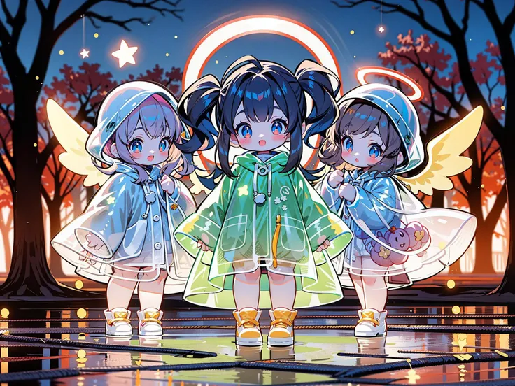 masterpiece,best quality,4k,
3girls,multiple girls,raincoat,pop style,glowing,colorful,looking at viewer,angel,halo,halloween,pumpkin,blush,long hair,bangs,brown hair,outdoors,shoes,blurry,tree,see-through,flying,blurry background,
<lora:GlowingPP:0.7>,