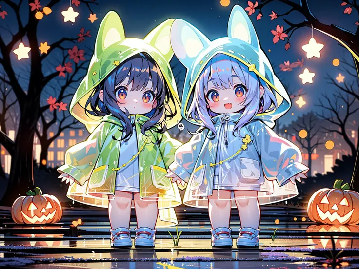 masterpiece,best quality,4k,
2girls,multiple girls, raincoat,pop style,glowing,colorful,looking at viewer,halloween,pumpkin,blush,long hair,bangs,brown hair,animal ears,brown eyes,standing,outdoors,shoes,blurry,tree,see-through,night,blurry background,animal hood,
<lora:GlowingPP:0.7>,