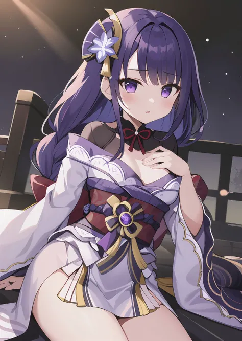 (masterpiece, best quality), 1girl, small breasts, raidenshogundef, raidenshogunrnd, long hair, purple hair, purple eye