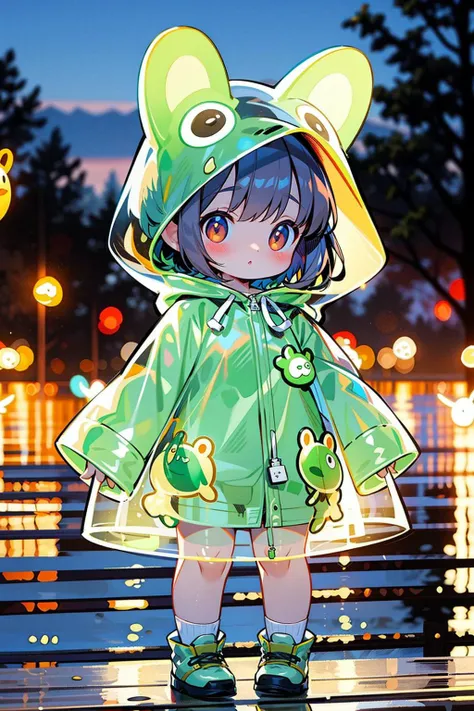 masterpiece,best quality,4k,
1girl, raincoat, pop style, glowing, solo, looking at viewer, blush, short hair, bangs, brown hair, animal ears, brown eyes, standing, outdoors, shoes, blurry, tree, see-through, night, blurry background, animal hood, frog
<lora:GlowingPP:0.7>,