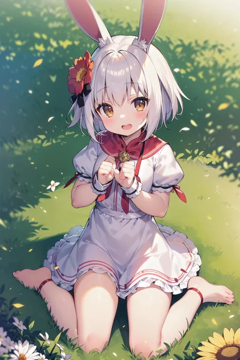 (masterpiece,best quality:1.5), 1girl, solo, solo focus, (animal ears, rabbit ears), barefoot, knees up, dress, sitting, short sleeves, looking at viewer, grass, short hair, smile, white hair, puffy sleeves, outdoors, puffy short sleeves, bangs, on ground, full body, animal, sunlight, brown eyes, dappled sunlight, day, depth of field, open mouth, (flower, hair flower), w, wariza, white dress,