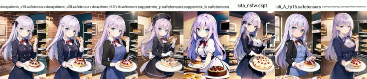 masterpiece, best quality, ((1girl, solo)), (light purple hair, long hair), blue eyes, (medium breasts), (cake pan, oven, bread basket), ((patissier uniform)), looking at viewer, smile, closed mouth, (inside bakery, kitchen, table, (cake, pastries on the table))