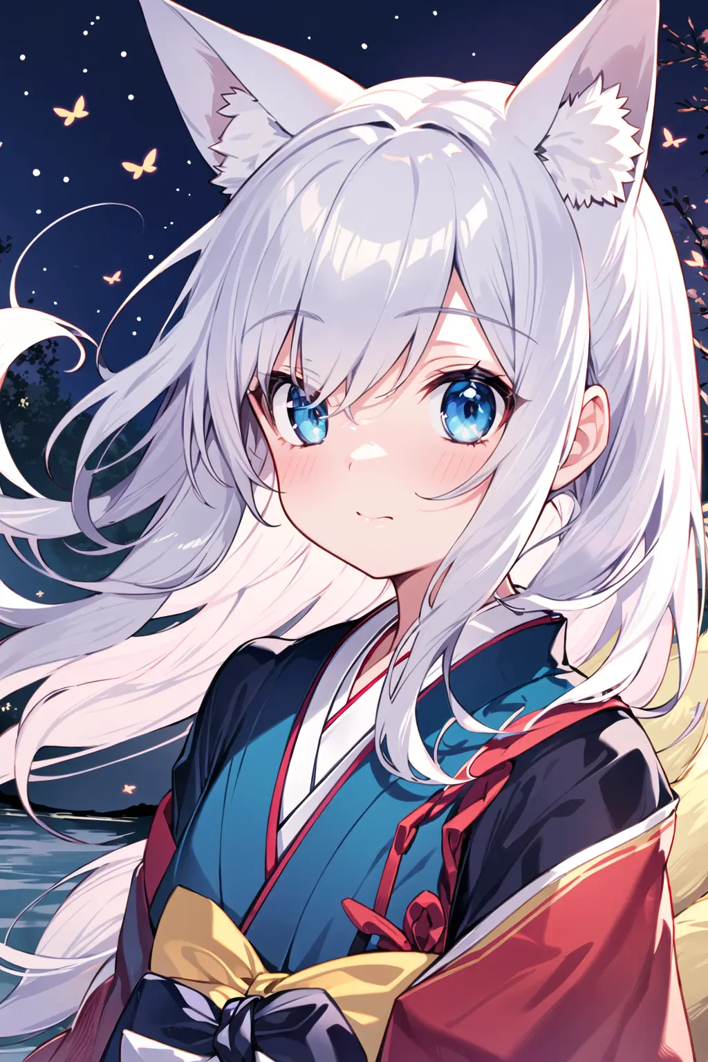 original, (masterpiece), (illustration), (extremely fine and beautiful), (perfect details), (unity CG 8K wallpaper:1.05), (beautiful and clear background:1.25), (depth of field:0.7), (1 cute girl with (2 fox ear:0.9) and (fox tail on the back:1.2) stands aside the river:1.15). (cute:1.3), (detailed beautiful eyes:1.3), (beautiful face:1.3), silver hair, (pink hair:0.7), (pink ear:0.7), long hair, (japanese kimomo:1.25), (hair blowing with the wind:1.1), (blue eye:1.1), ( girl:1.1), butterflys flying around, (moon light:0.6), tree, (summer), (night:1.2), (close-up:0.35), (gloves:0.8), solo