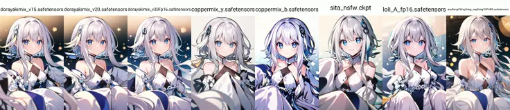 1girl, looking at viewer, <lora:guizhongGenshinImpact_guizhongv1:1.2:MIDD>, hair_ornament, dress, bangs, bare_shoulders, blue_eyes, gradient, oversized sleeves, puffy sleeves, (white sleeves:1.5), white shirt, white dress, silver hair, white hair, chest, elegance, elegant look, intimate, delicate, (smile:0.7)
blurry background, bokeh, blurry, bloom,