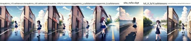from side,bright sunlight,summer time,The girl wearing school uniform,walks along a country street in the summer after the rain, under the blue sky and towering cumulonimbus clouds. The asphalt road is covered in puddles that reflect everything,