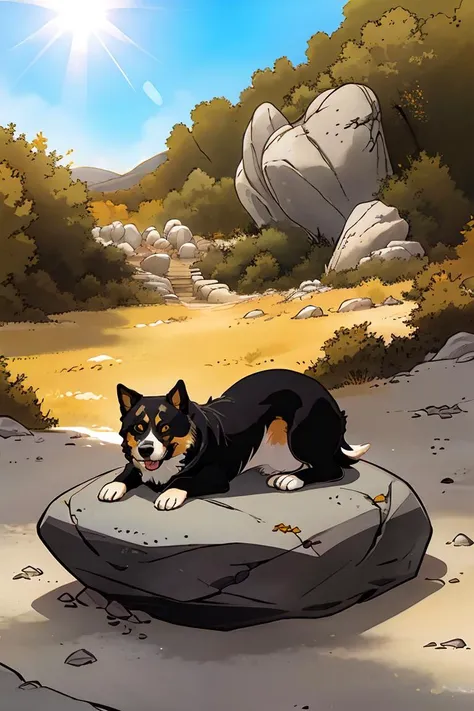 zz0o0stl, dog relaxing on a stone in the sunshine, solo, 
 <lora:Zoo_BD_v1:1>