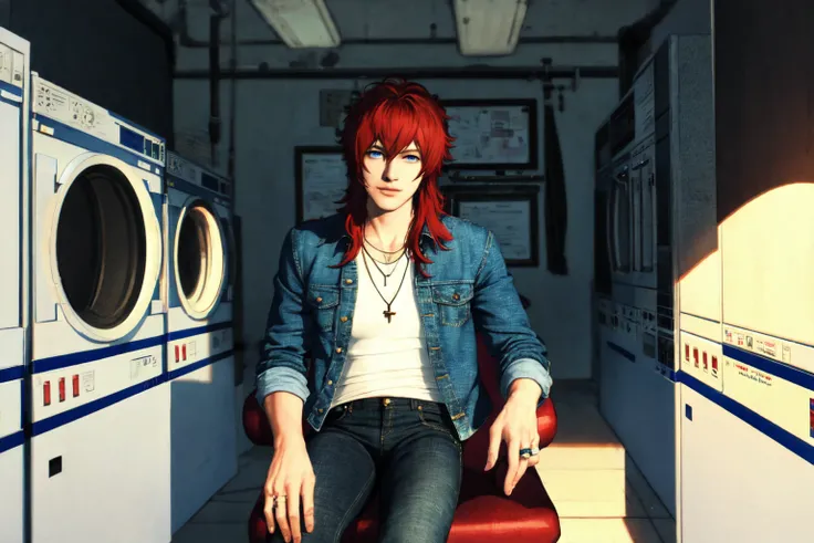 <lora:Rana_Solas:.7>red hair, solo, 1boy, male focus, realistic, shirt, chair, pants, t-shirt, long hair, jeans, denim, door, looking at viewer