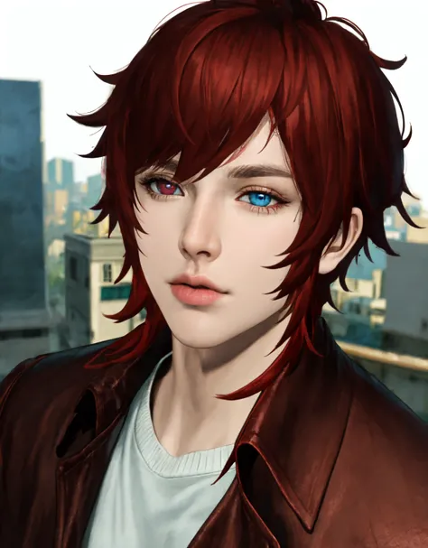<lora:Rana_Solas:.7> ((masterpiece)), solo, red hair, blue eyes, red eyes, heterochromia, looking at viewer, lips, white background, sweater, portrait, nose, city background, rule of thirds, best light and shadow, ((best quality)), dynamic angle, rim lighting,