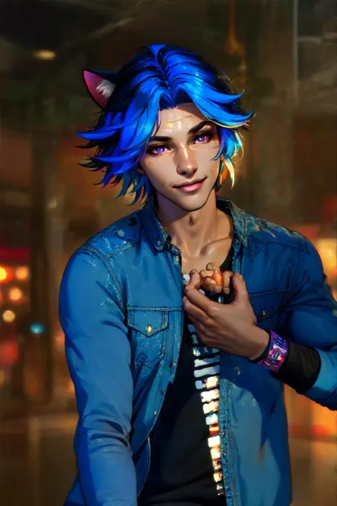 (masterpiece, best illustration, extreme light and shadow), 1boy, solo, (male focus:.7), transgender, non-binary, (blue hair), long hair, purple eyes, wild hair, cat ears, animal ears, (mature), perfect face, side lighting, lustrous skin,(bloom), (shine), wearing a blue tshirt, denim jeans, wristband, (cyberpunk style:.6), jewelry, (perfect hands), depth of field, embers, particles, (chromatic abberation, dslr, fxaa), (close up, dynamic angle), smile, smirk, shy, tattoos, standing in a shopping mall, (indoor lighting), wind swept hair, (sidelighting), (volumetric lighting) <lyco:Tobias:1.0>