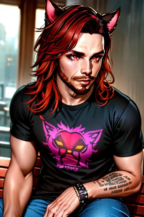 (masterpiece, best illustration, extreme light and shadow), 1boy, solo, (male focus:.7), transgender male, red hair, long hair, facial hair, beard, red hair, red eyes, stubble, cat ears, animal ears, (mature), perfect face, side lighting, lustrous skin,(bloom), (shine), wearing a black and pink anime tshirt, denim jeans, goth makeup, wristband, emo punk style, (punk:1.5), jewelry, (perfect hands:1.2), depth of field, tattoos, shy, sitting on a bench in a shopping mall, (indoor lighting:1.2), wind swept hair, (sidelighting), (volumetric lighting)  <lyco:Matoya'iivi Naa'gora Solas:0.7>