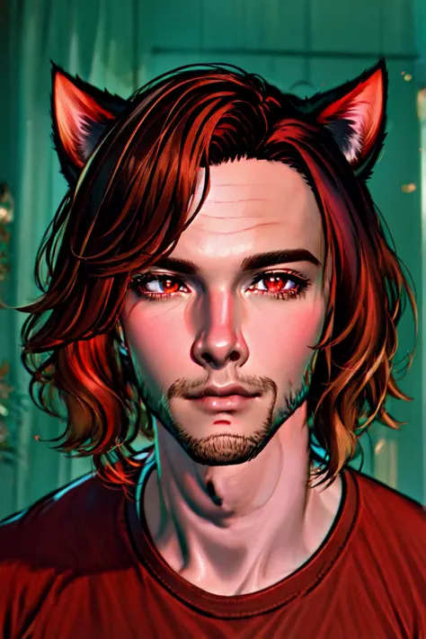 solo, 1boy, male focus, solo, cat ears, animal ears, (red iris), shirt, red hair,red eyes,portrait, dynamic angle, <lyco:Matoya'iivi Naa'gora Solas:0.7>