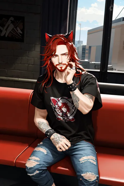 <lora:virtualWorldsPeople_matoyaiiviNaagora:.6> (masterpiece, best illustration, extreme light and shadow), 1boy, solo, (male focus:.7), transgender male, red hair, long hair, facial hair, beard, red hair, red eyes, stubble, cat ears, animal ears, (mature), perfect face, side lighting, lustrous skin,(bloom), (shine), wearing a black led zeppelin tshirt, denim jeans, goth makeup, wristband, emo punk style, (punk:1.5), jewelry, (perfect hands:1.2), depth of field, tattoos, shy, sitting on a bench in a shopping mall, (indoor lighting:1.2), wind swept hair, (sidelighting), (volumetric lighting), swpunk, paint splatter,