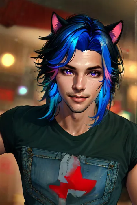 (masterpiece, best illustration, extreme light and shadow), 1boy, solo, (male focus:.7), transgender, non-binary, (blue hair), long hair, purple eyes, wild hair, cat ears, animal ears, (mature), perfect face, side lighting, lustrous skin,(bloom), (shine), wearing a blue tshirt, denim jeans, wristband, (cyberpunk style:.6), jewelry, (perfect hands), depth of field, embers, particles, (chromatic abberation, dslr, fxaa), (close up, dynamic angle), smile, smirk, shy, tattoos, standing in a shopping mall, (indoor lighting), wind swept hair, (sidelighting), (volumetric lighting) <lyco:Tobias:1.0>