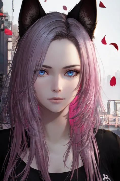 <lora:KitchXvoor_Final:0.7> Kitch Xvoor, (masterpiece, best quality, ultra-detailed, highres), perfect face, sidelighting, lustrous skin,(bloom), (shine), lighting, ray tracing, sci-fi, blue eyes, white hair, two tone hair, pink hair, cat ears, animal ears, long hair, hair covering ears, jewelry, wearing a black shirt, shirt, looking at viewer, depth_of_field,very detailed background, highly detailed background, Masterpiece, Ultra detailed, great composition,Dynamic angle,extremely delicate and beautiful,(Highest picture quality), (Master's work), depth of field, solo, extreme light and shadow, masterpiece, rich in detail, (fine features), (highest quality), (masterpiece), (detailed eyes), (beautiful) detailed,beautiful detailed eyes,(straight-on), upper body, cyberpunk:1, flower petals falling, (extremely detailed CG unity 8k wallpaper),(masterpiece), (best quality), (ultra-detailed), (best illustration),(best shadow),perfect lighting , perfect anatomy , vivid colors, (masterpiece),